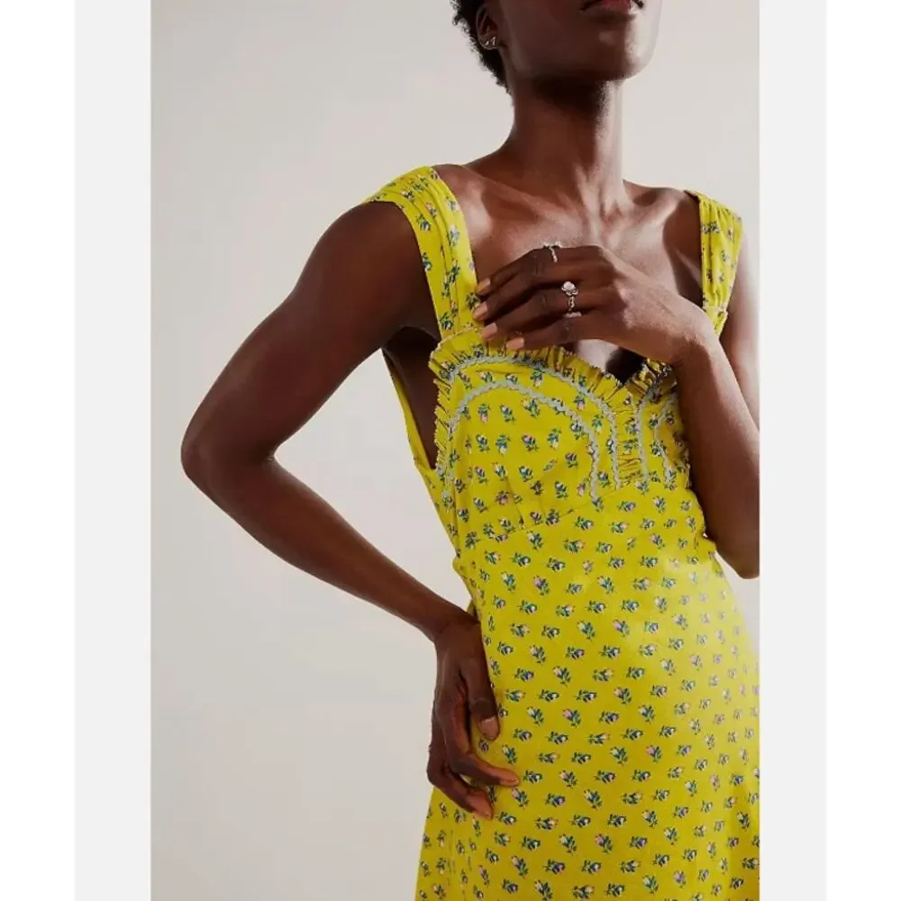 Free People Sweet Hearts Midi Dress  Citronelle Combo Cottagecore Size L - Picture 4 of 11